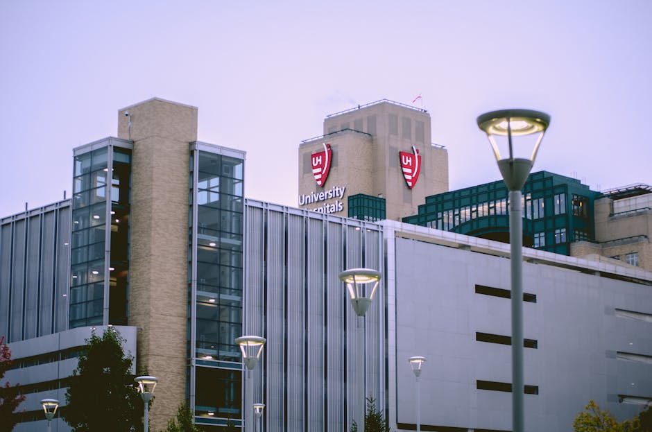 View of University Hospitals building in Cleveland, OH against a clear sky